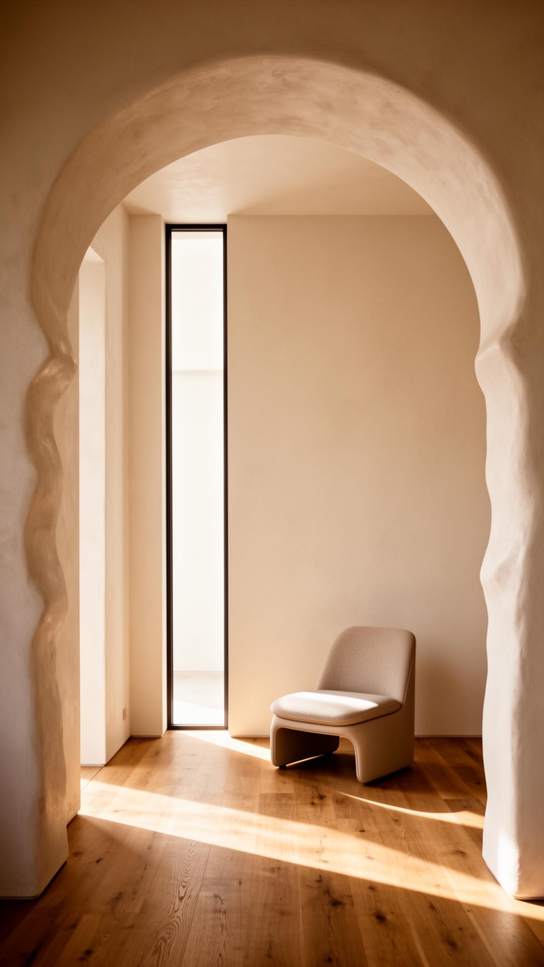 Architectural interior with arched passageway and natural light